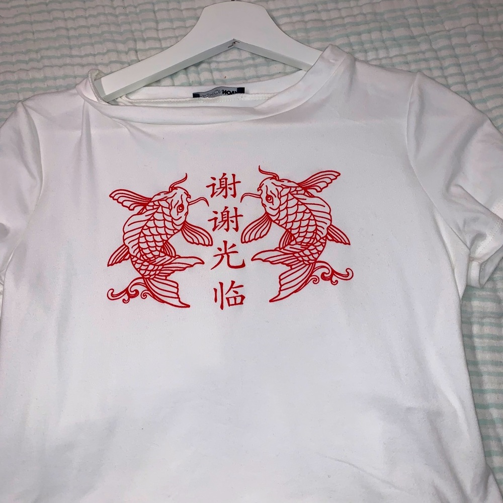 White and red fish crop top from fashion nova